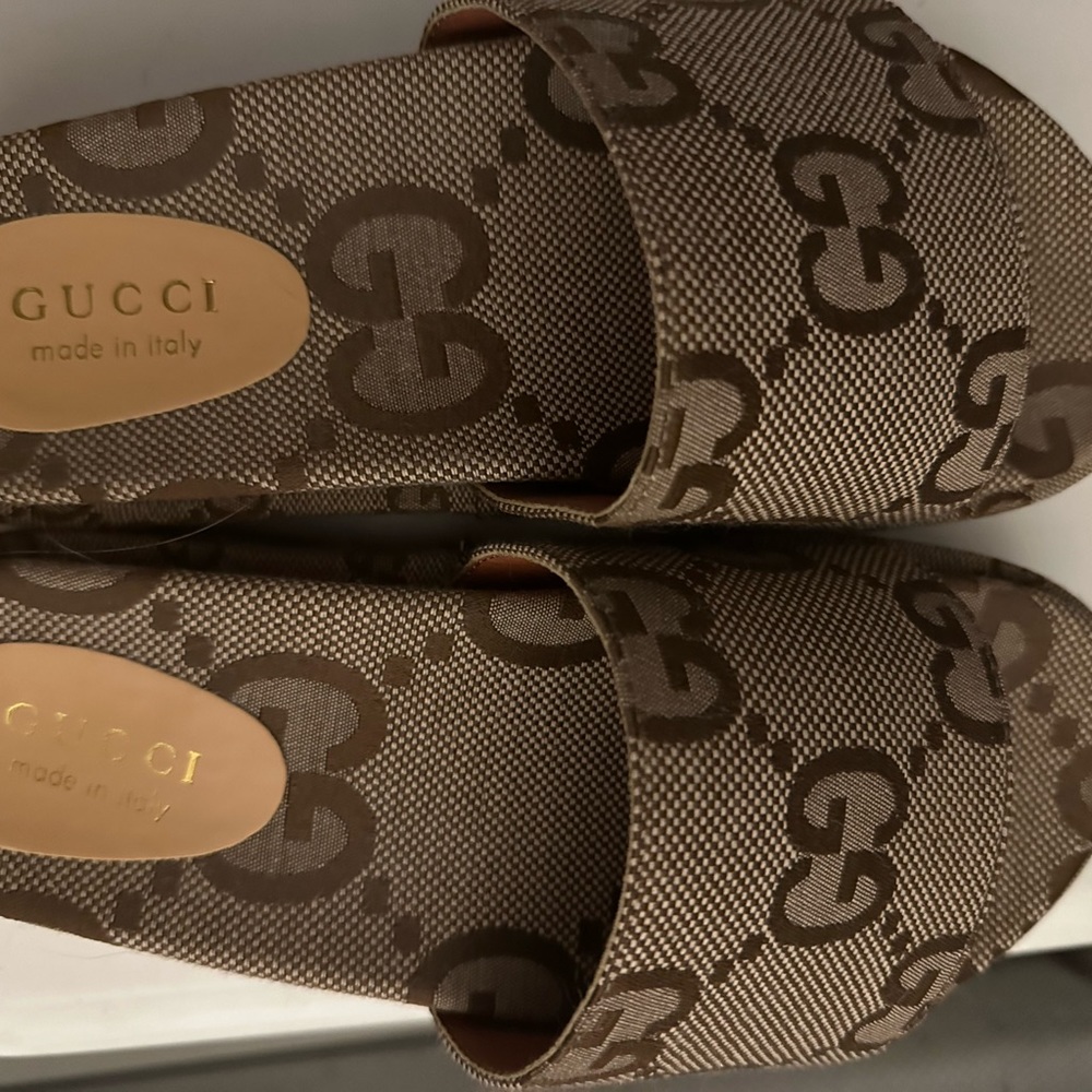 Gucci platform canvas monogram slides
